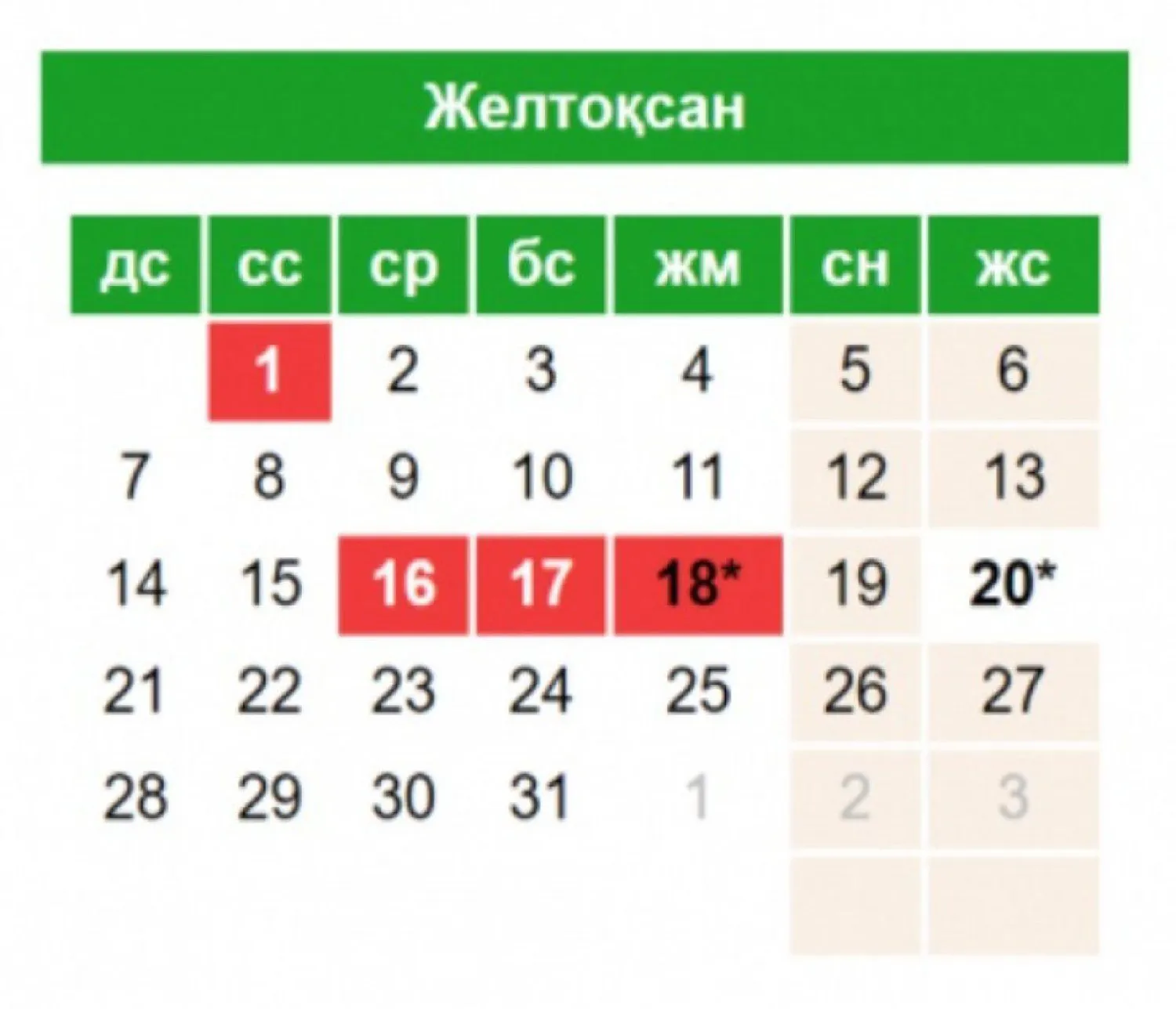 Қазақстандықтар желтоқсанда неше күн демалады?