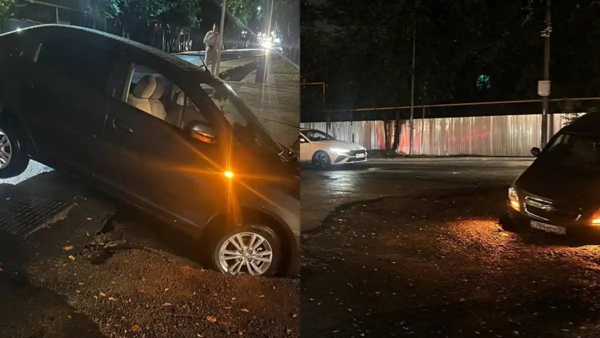 Алматыда нөсер жауын салдарынан жол опырылып, 13 көлікке зақым келген