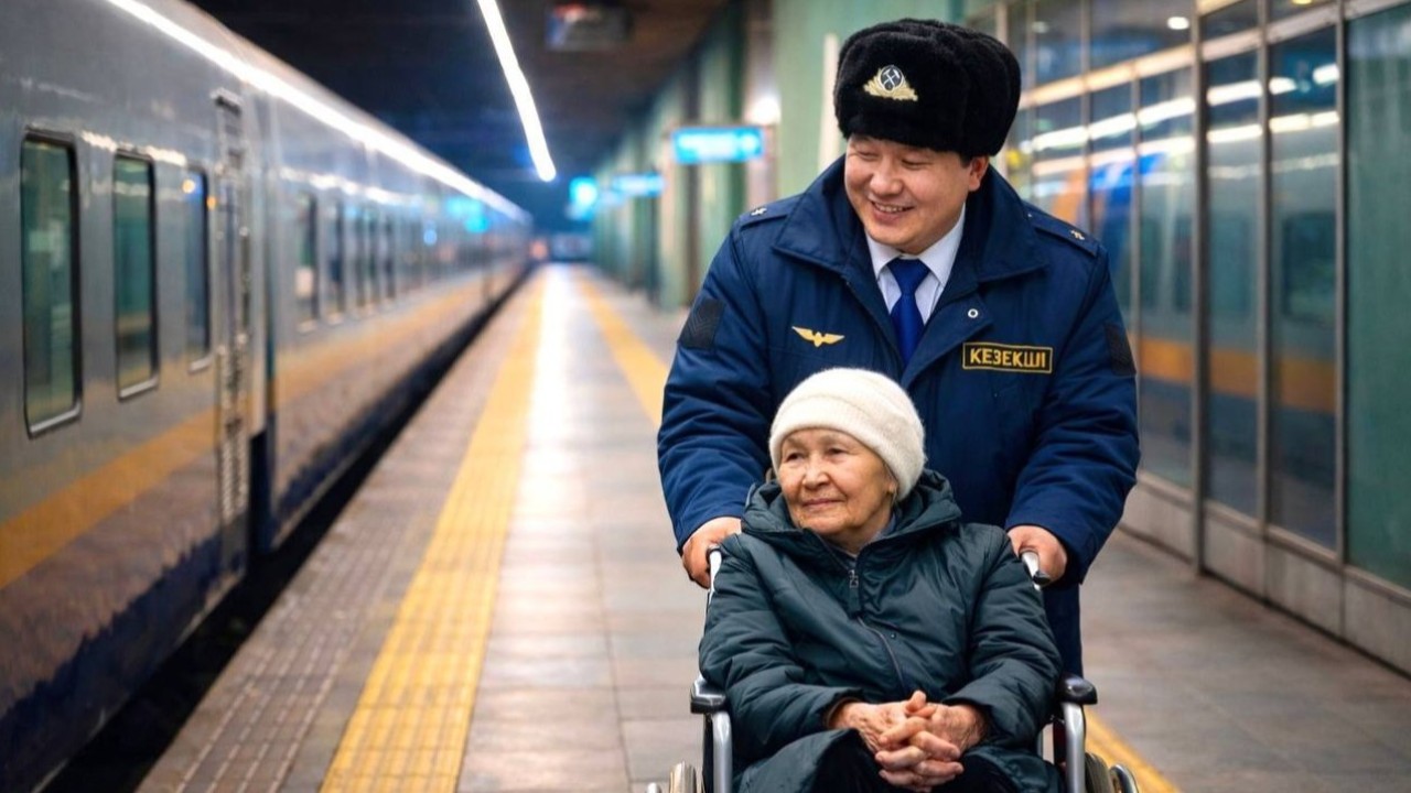 Вокзал қызметкерлері мүгедектігі бар жолаушыларға жол жүру барысында көмек көрсетеді